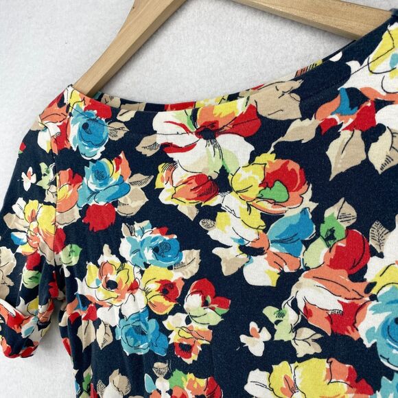 LAUREN RALPH LAUREN Top M Ribbed Floral Boat Neck Cuffed Sleeve Blue - Picture 2 of 12